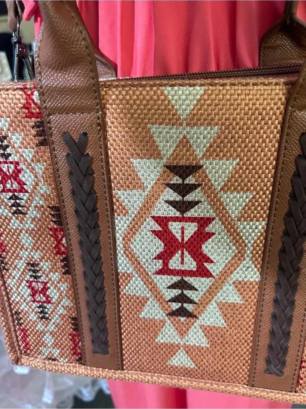 2 Red Aztec-Pattern Crossbody Tote Bags with Removable Strap and bag charm